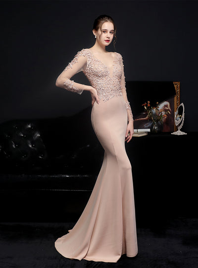 Long Sleeve V-neck Appliques Prom Dress