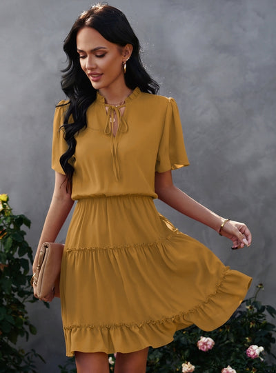 V-neck Silm Waist Ruffled Dress