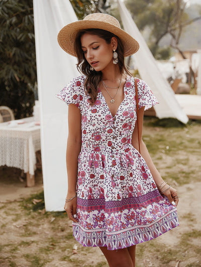 V-neck Holiday Casual Print Dress