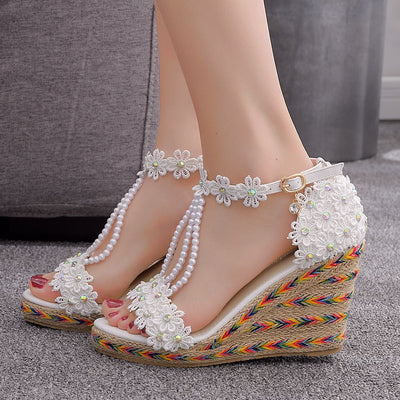 Waterproof Platform Toe Rainbow Lace Beaded Sandals