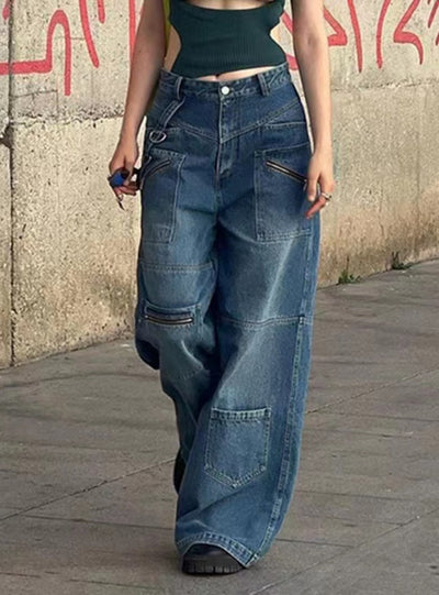 Low-waist Multi-pocket Wide-leg Jeans