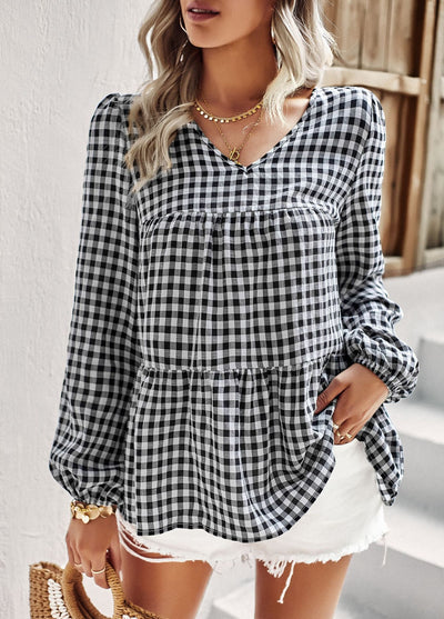 Loose Casual V-neck Plaid Top