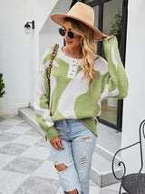 Color Button Crewneck Stitching Sweater