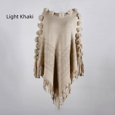 Fringed Fur Ball Round Collar Pullover Cape Shawl