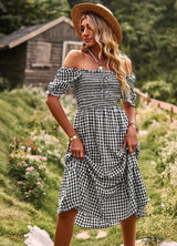 Leisure Holiday Off the Shoulder Plaid Dress