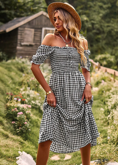 Leisure Holiday Off the Shoulder Plaid Dress