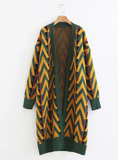 Winter Long Sweater Jacket Geometric Knit Cardigans