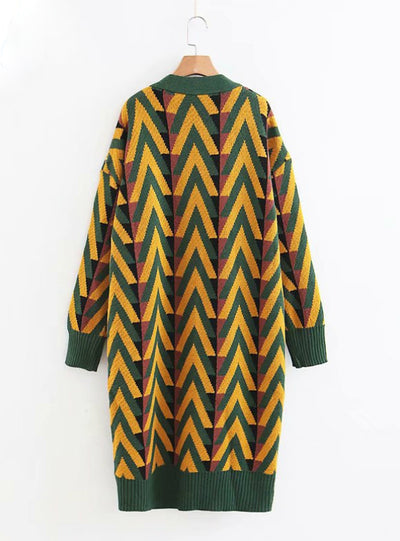 Winter Long Sweater Jacket Geometric Knit Cardigans