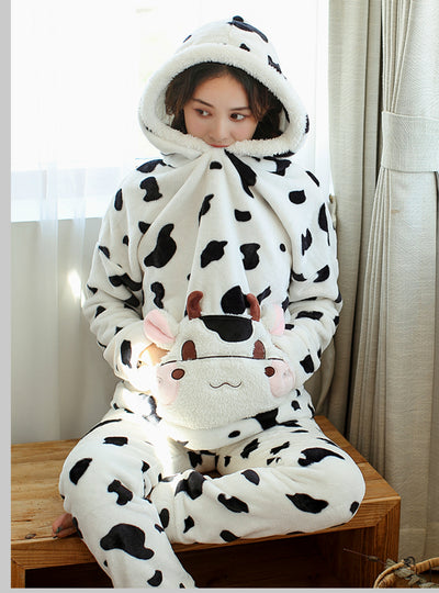 Winter Hooded Pajamas Cow Nightwear Suit