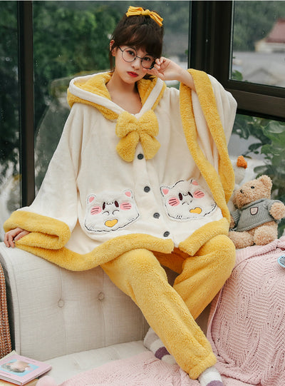 Cloak Cute Kitten Winter Flannel Loose Nightwear