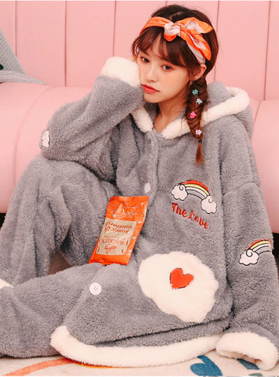 Fashion Gray Rainbow Clouds Coral Fleece Pajamas Suit