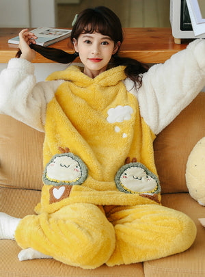 Yellow Cartoon Winter Coral Velvet Thickening Suit