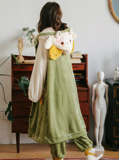 Green Sheep Coral Velvet Pajamas Women Cute Long Nightgown