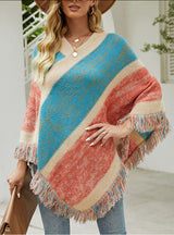 Colored Striped Knitted Cloak Fringed Shawl