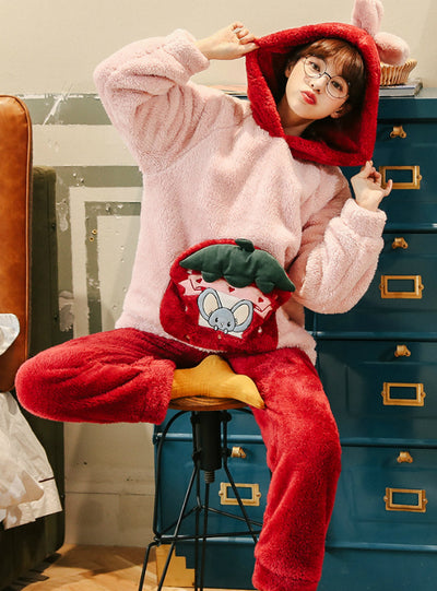 Pink Coral Fleece Warm Home Clothes Winter Two-piece Suit