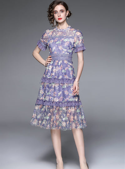 Short Sleeve Beaded Sequins Printed Cake Dress