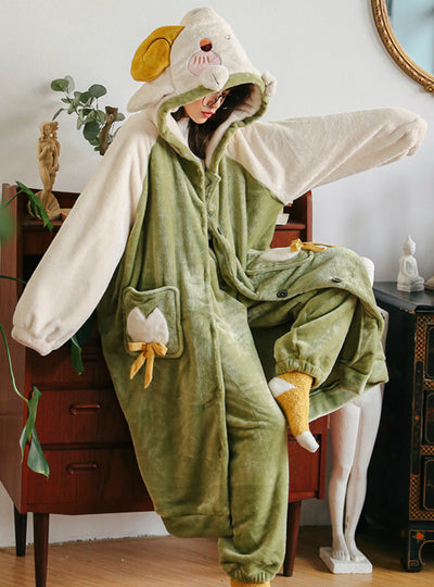 Green Sheep Coral Velvet Pajamas Women Cute Long Nightgown