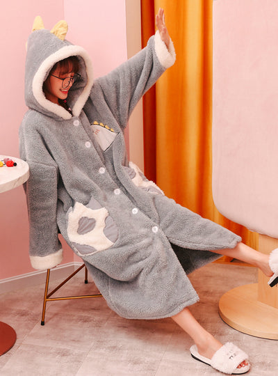 Women Gray Dinosaur Thickened Long Sleeve Winter Flannel