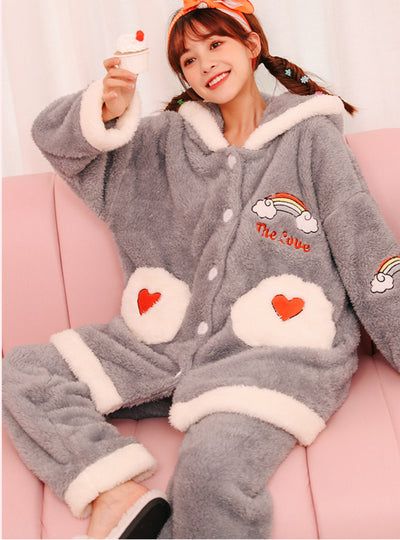 Fashion Gray Rainbow Clouds Coral Fleece Pajamas Suit