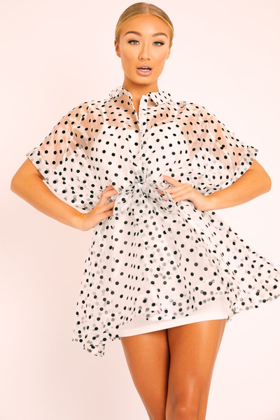 Tulle Lace Dot Print Dress Short Sleeve High Waist Lace-up Beach Dress