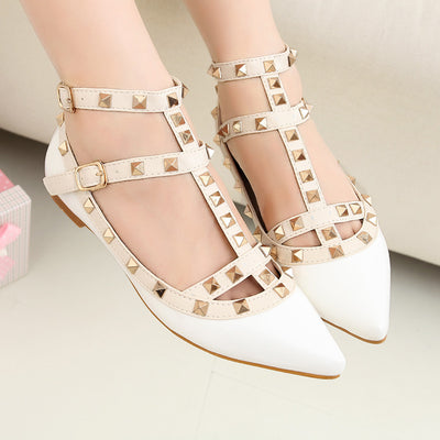 Rivet Flats Shoes Genuine Leather Metal Ankle Strap