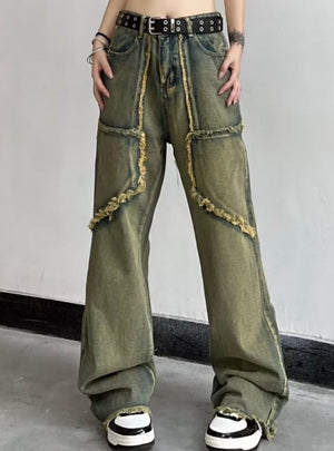 Retro High Waist Sheared Edges Jeans